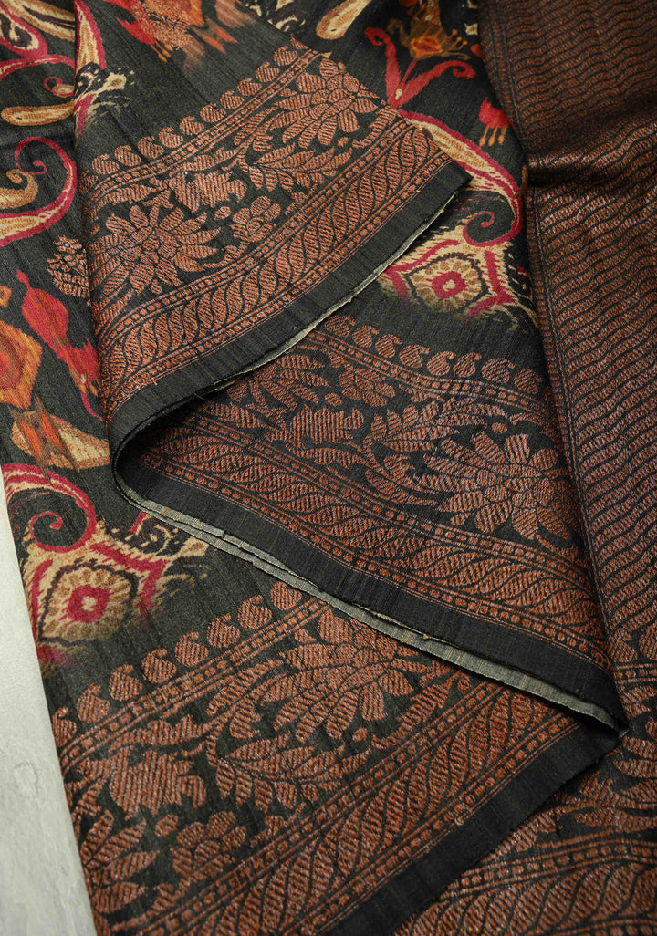 Black Banarasi Tussar Silk Saree with Digital Ikat Floral Print and Antique Zari Border | SILK MARK CERTIFIED