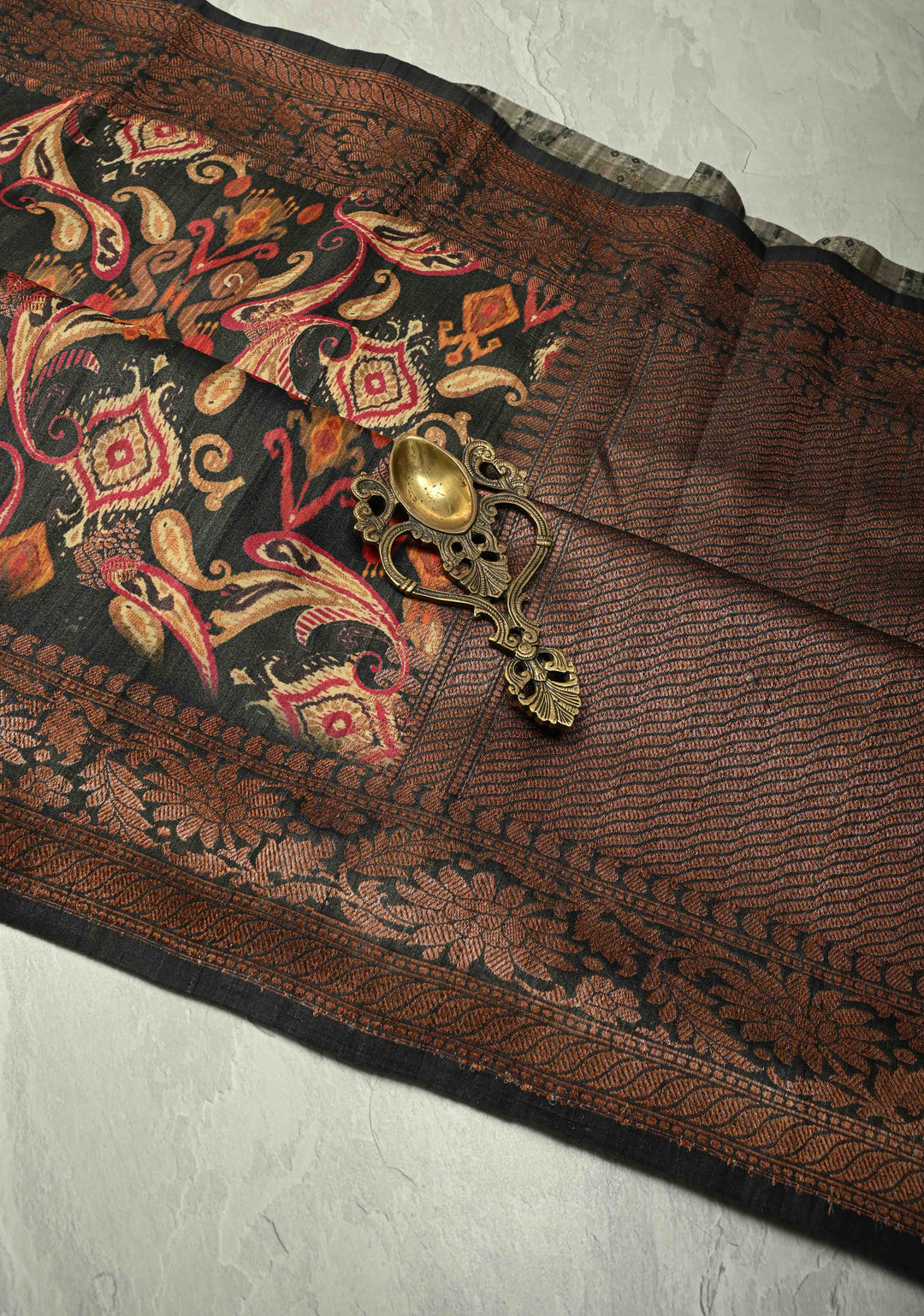 Black Banarasi Tussar Silk Saree with Digital Ikat Floral Print and Antique Zari Border | SILK MARK CERTIFIED