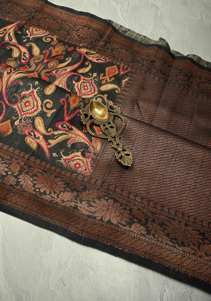 Black Banarasi Tussar Silk Saree with Digital Ikat Floral Print and Antique Zari Border | SILK MARK CERTIFIED