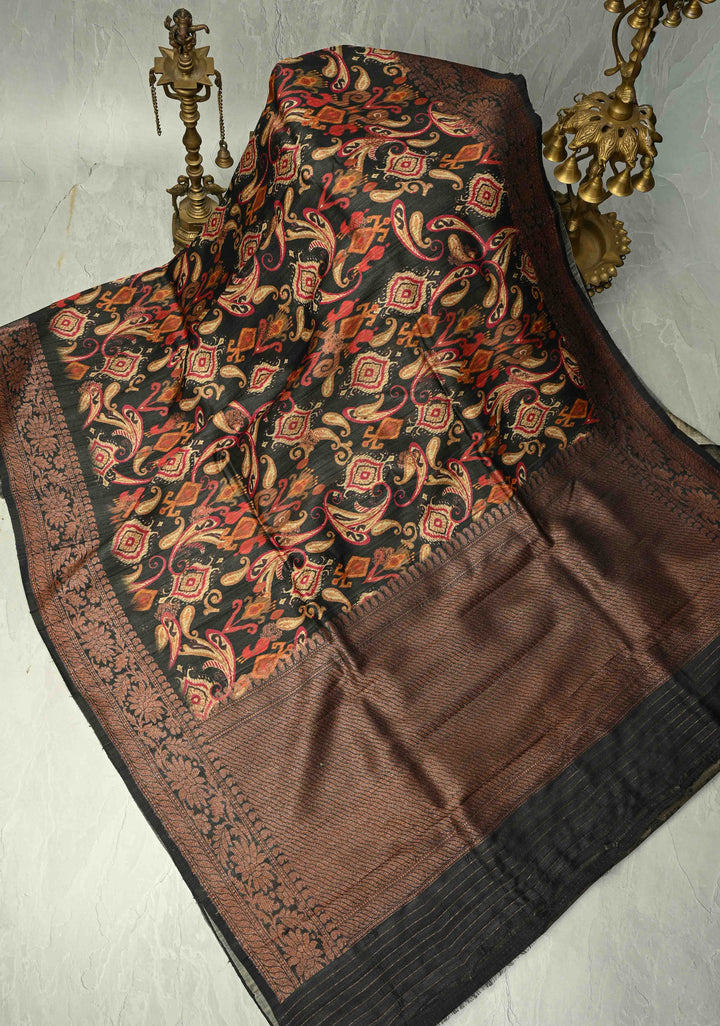 Black Banarasi Tussar Silk Saree with Digital Ikat Floral Print and Antique Zari Border | SILK MARK CERTIFIED