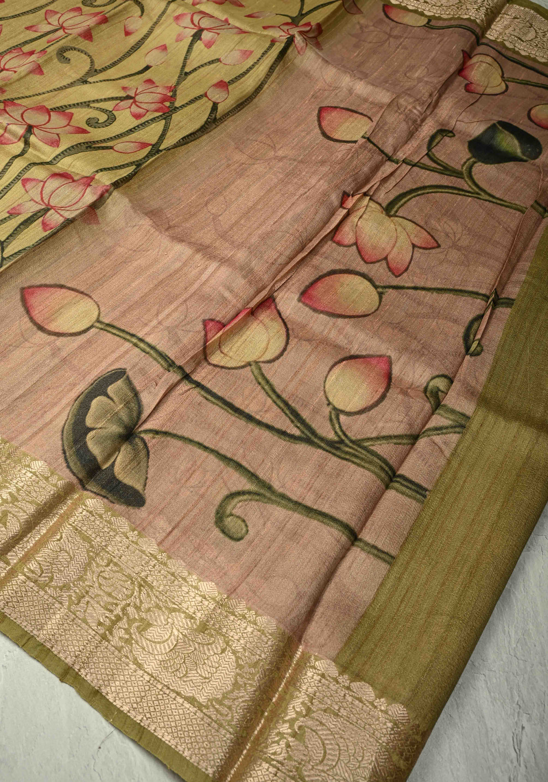 Sage Green Banarasi Tussar Silk Saree with Pichwai Digital Print and Antique Zari Border | SILK MARK CERTIFIED