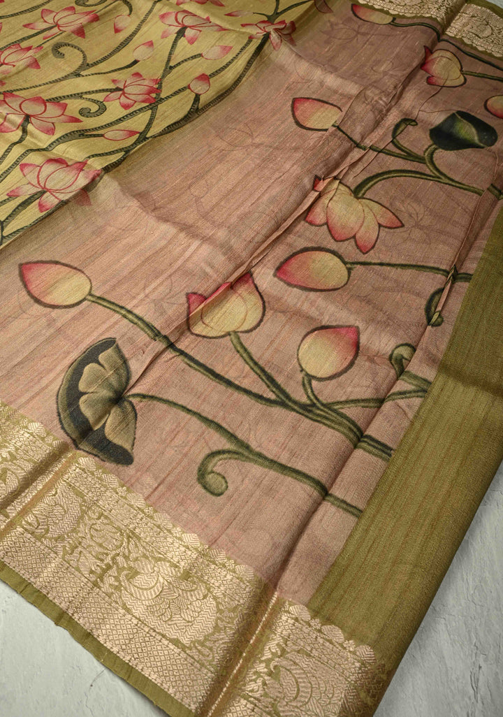 Sage Green Banarasi Tussar Silk Saree with Pichwai Digital Print and Antique Zari Border | SILK MARK CERTIFIED