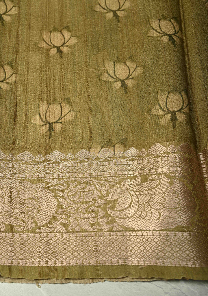 Sage Green Banarasi Tussar Silk Saree with Pichwai Digital Print and Antique Zari Border | SILK MARK CERTIFIED
