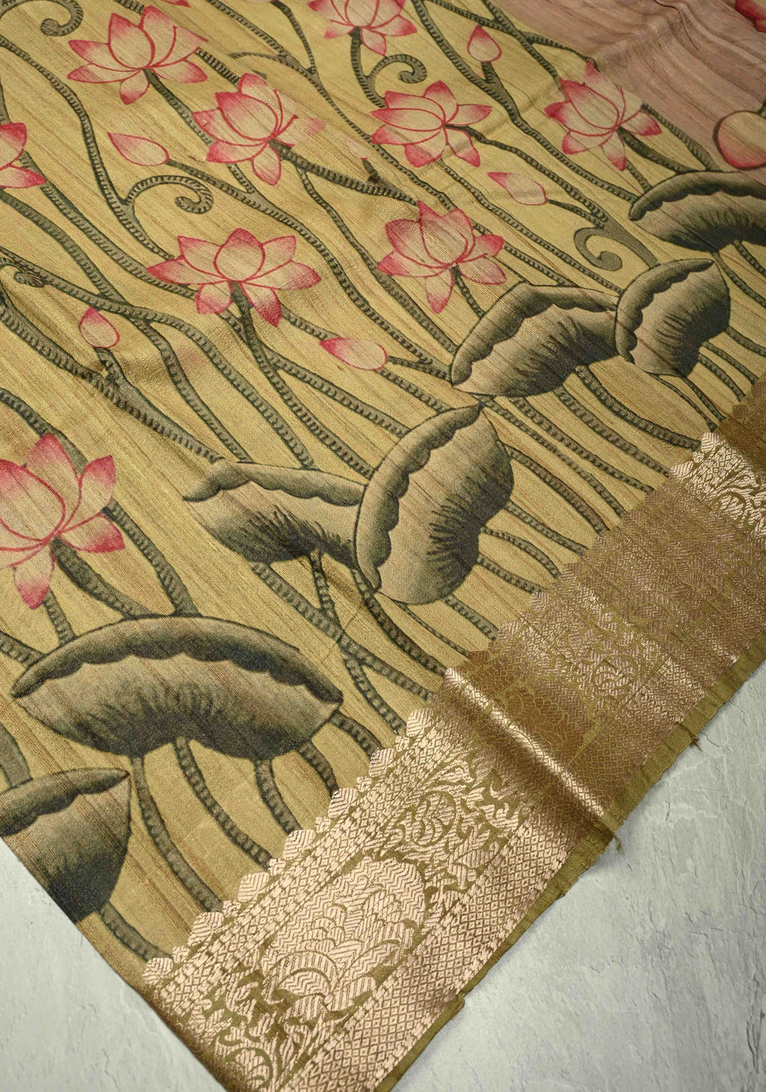 Sage Green Banarasi Tussar Silk Saree with Pichwai Digital Print and Antique Zari Border | SILK MARK CERTIFIED