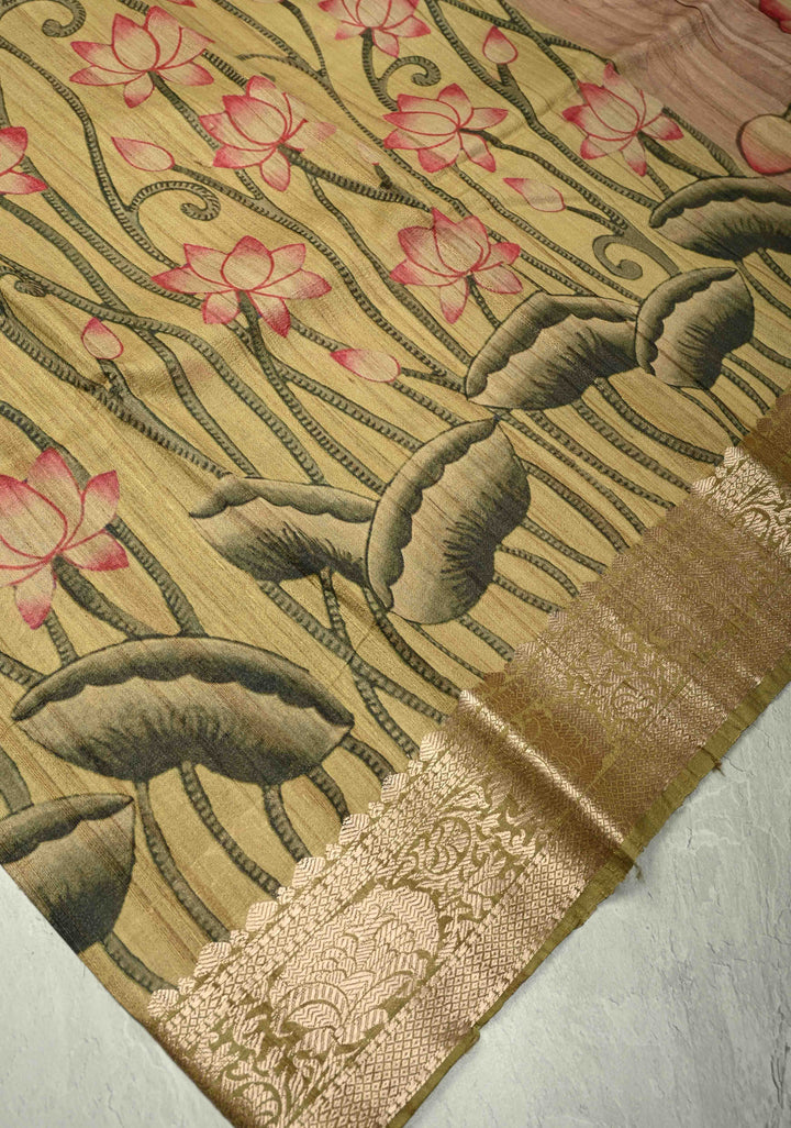 Sage Green Banarasi Tussar Silk Saree with Pichwai Digital Print and Antique Zari Border | SILK MARK CERTIFIED