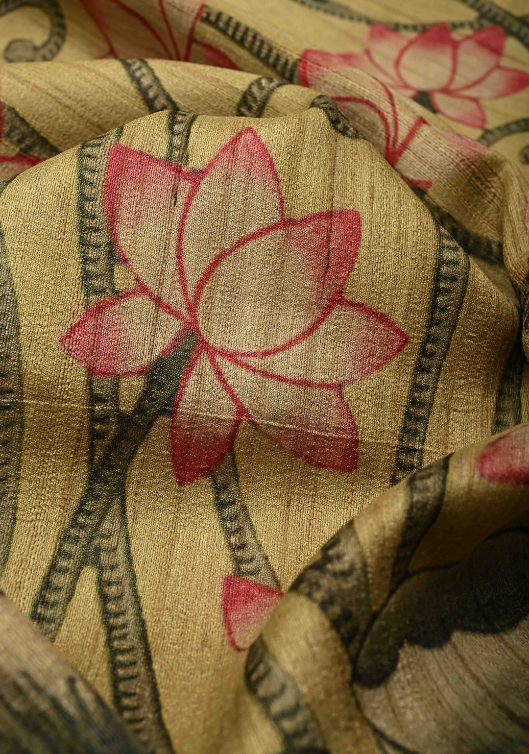 Sage Green Banarasi Tussar Silk Saree with Pichwai Digital Print and Antique Zari Border | SILK MARK CERTIFIED