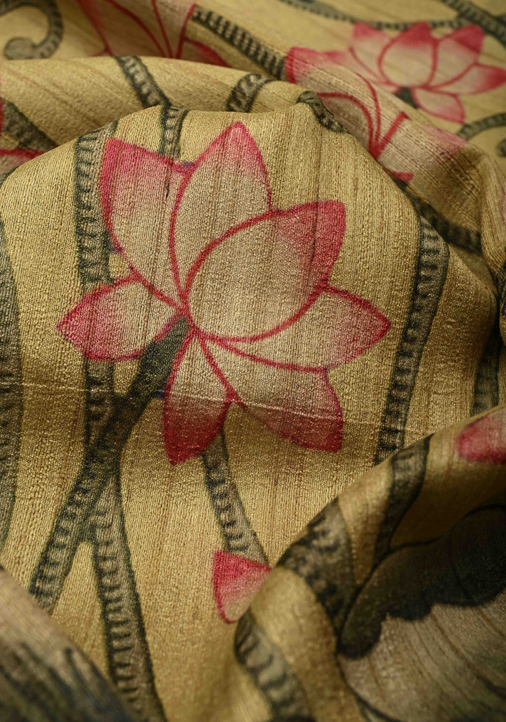 Sage Green Banarasi Tussar Silk Saree with Pichwai Digital Print and Antique Zari Border | SILK MARK CERTIFIED