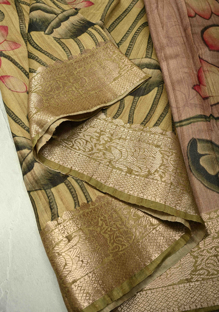 Sage Green Banarasi Tussar Silk Saree with Pichwai Digital Print and Antique Zari Border | SILK MARK CERTIFIED