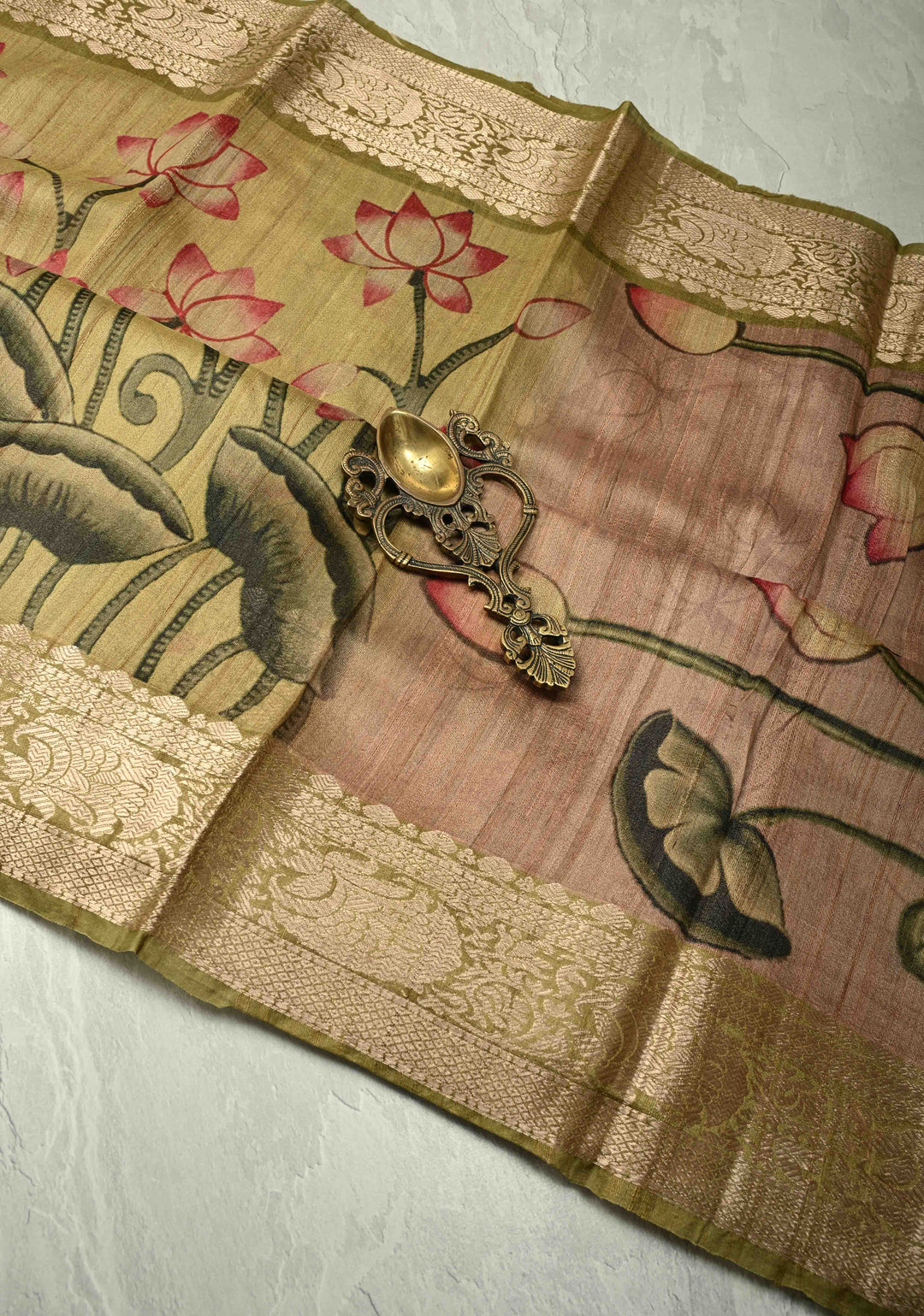 Sage Green Banarasi Tussar Silk Saree with Pichwai Digital Print and Antique Zari Border | SILK MARK CERTIFIED