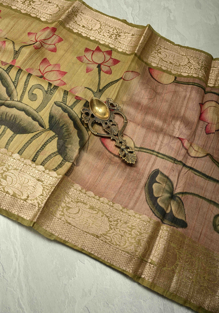 Sage Green Banarasi Tussar Silk Saree with Pichwai Digital Print and Antique Zari Border | SILK MARK CERTIFIED