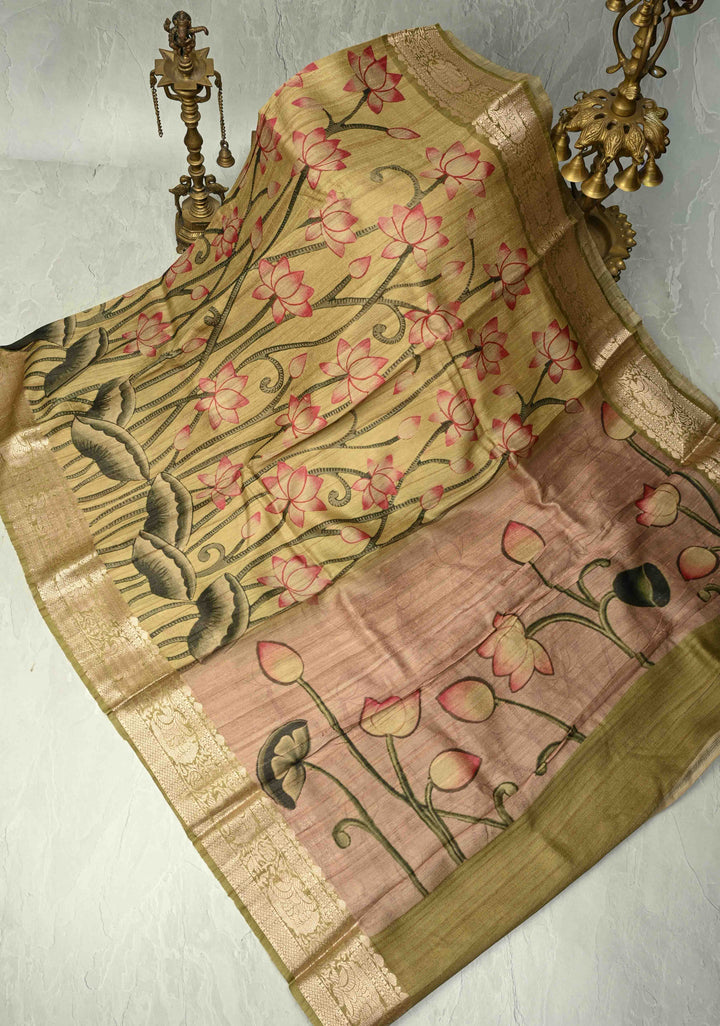 Sage Green Banarasi Tussar Silk Saree with Pichwai Digital Print and Antique Zari Border | SILK MARK CERTIFIED