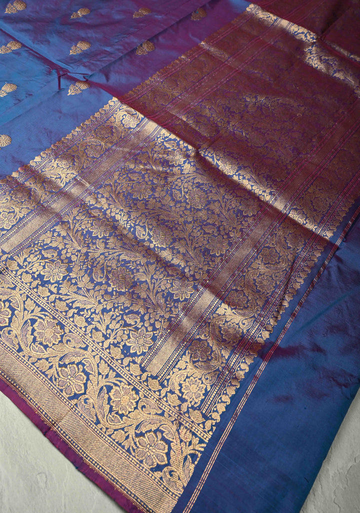 Peacock Blue Dual Tone Banarasi Katan Silk Saree with Floral Zari Buttas and Zari Border | SILK MARK CERTIFIED