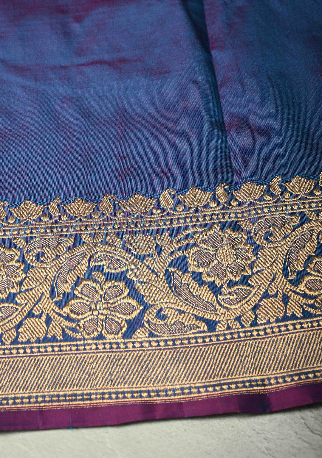 Peacock Blue Dual Tone Banarasi Katan Silk Saree with Floral Zari Buttas and Zari Border | SILK MARK CERTIFIED