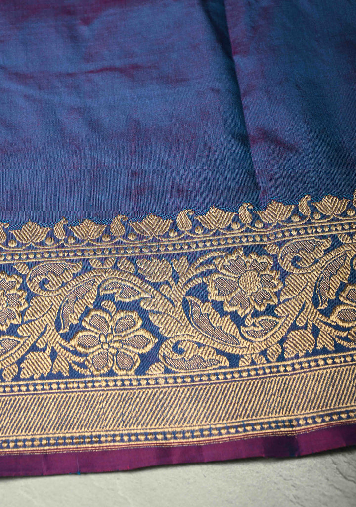 Peacock Blue Dual Tone Banarasi Katan Silk Saree with Floral Zari Buttas and Zari Border | SILK MARK CERTIFIED