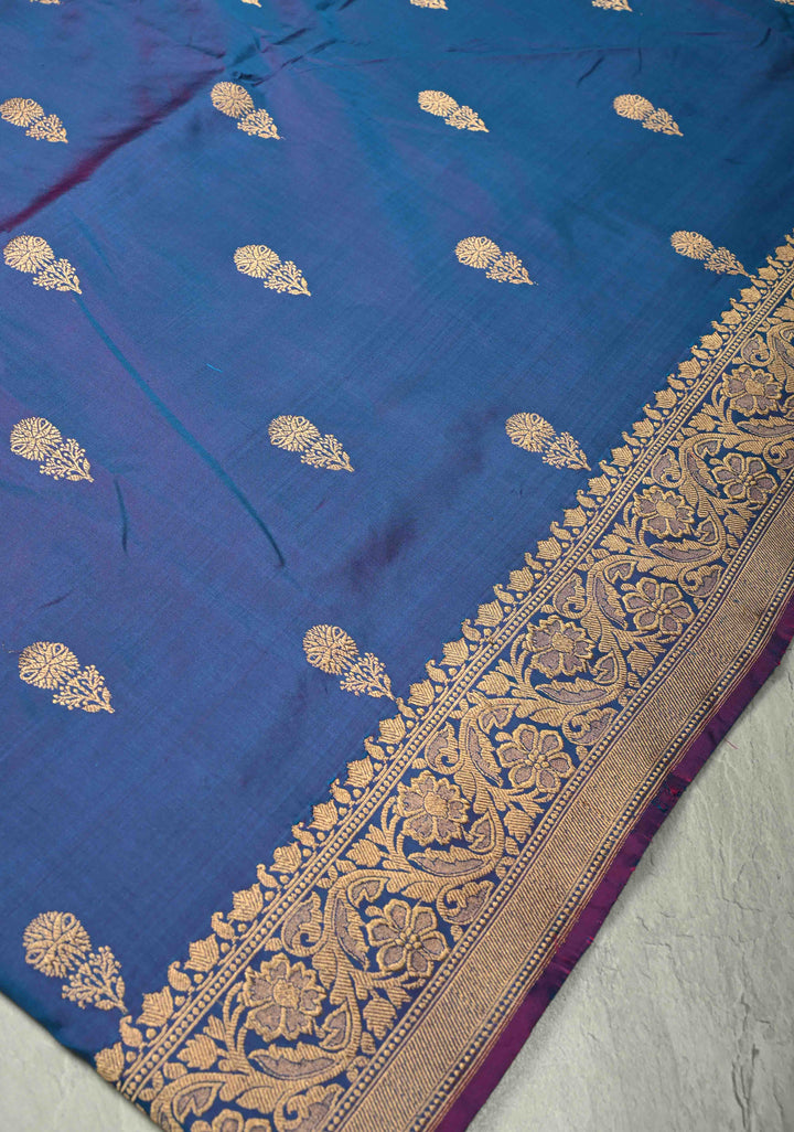 Peacock Blue Dual Tone Banarasi Katan Silk Saree with Floral Zari Buttas and Zari Border | SILK MARK CERTIFIED