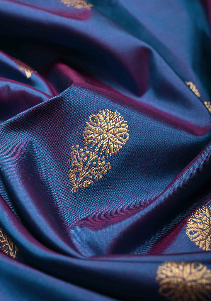 Peacock Blue Dual Tone Banarasi Katan Silk Saree with Floral Zari Buttas and Zari Border | SILK MARK CERTIFIED