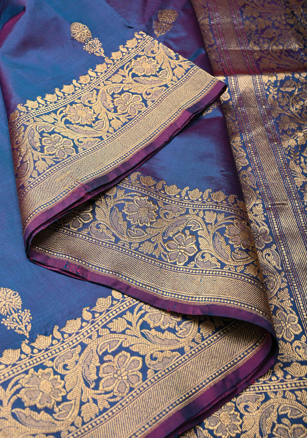 Peacock Blue Dual Tone Banarasi Katan Silk Saree with Floral Zari Buttas and Zari Border | SILK MARK CERTIFIED