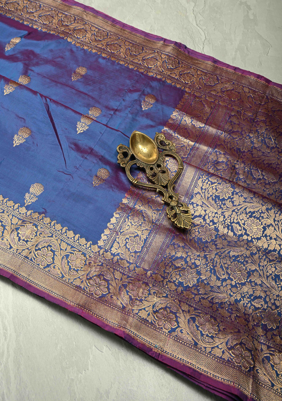 Peacock Blue Dual Tone Banarasi Katan Silk Saree with Floral Zari Buttas and Zari Border | SILK MARK CERTIFIED