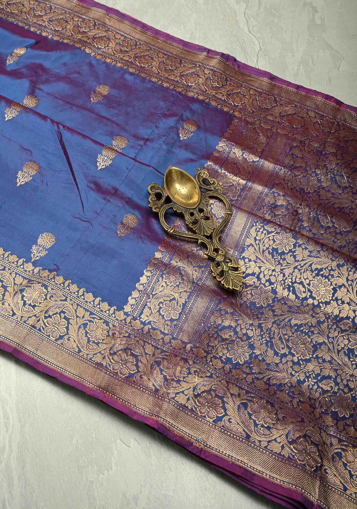 Peacock Blue Dual Tone Banarasi Katan Silk Saree with Floral Zari Buttas and Zari Border | SILK MARK CERTIFIED