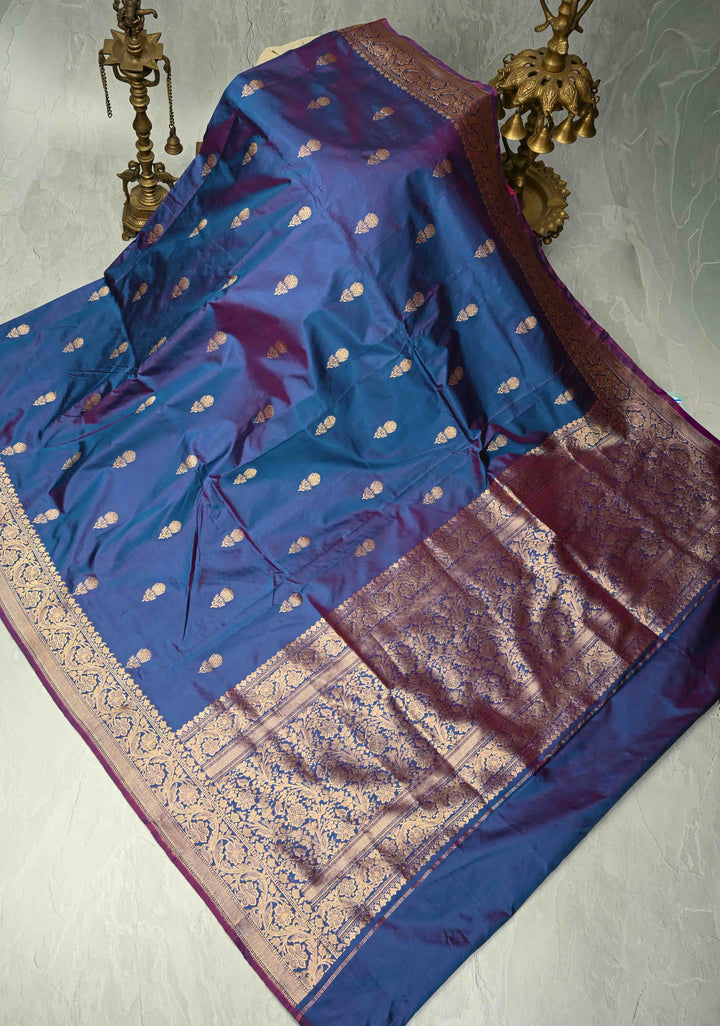 Peacock Blue Dual Tone Banarasi Katan Silk Saree with Floral Zari Buttas and Zari Border | SILK MARK CERTIFIED