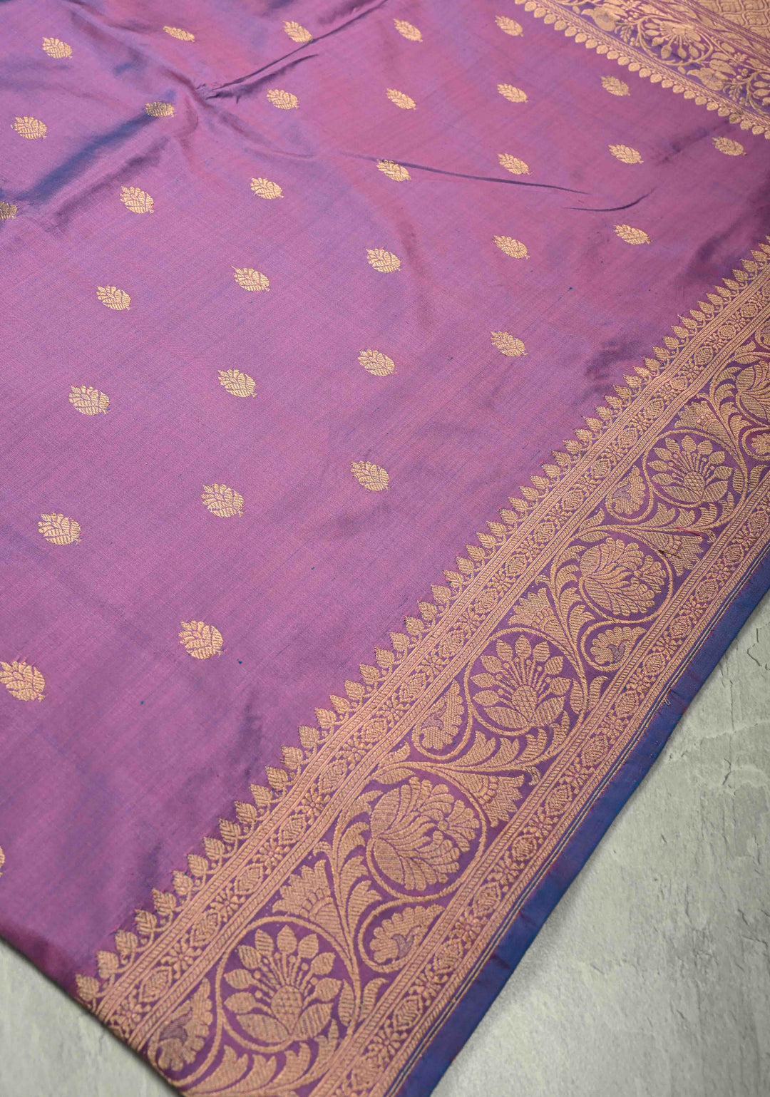 Dusky Purple Dual Tone Banarasi Katan Silk Saree with Floral Zari Buttas and Zari Border | SILK MARK CERTIFIED