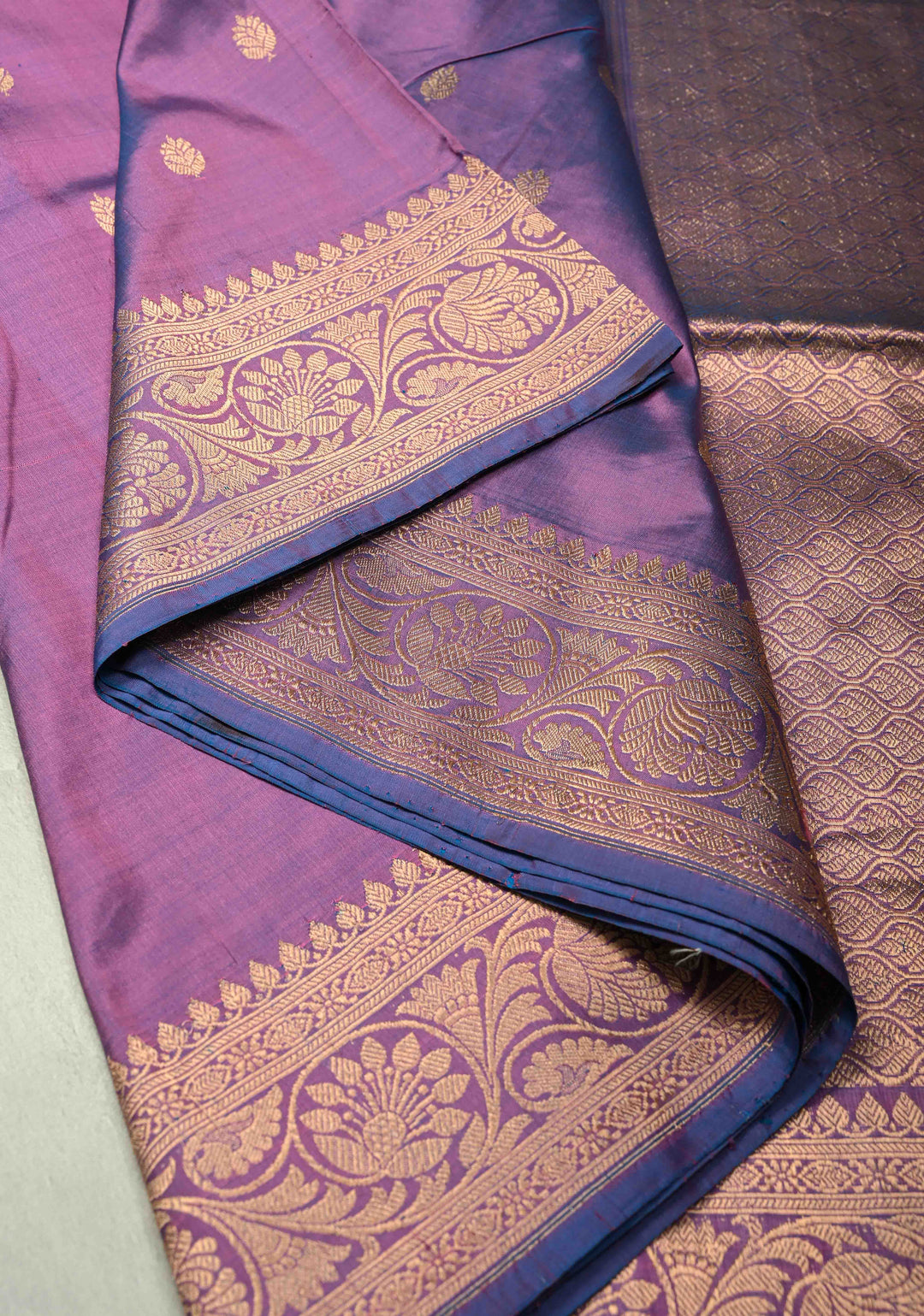 Dusky Purple Dual Tone Banarasi Katan Silk Saree with Floral Zari Buttas and Zari Border | SILK MARK CERTIFIED