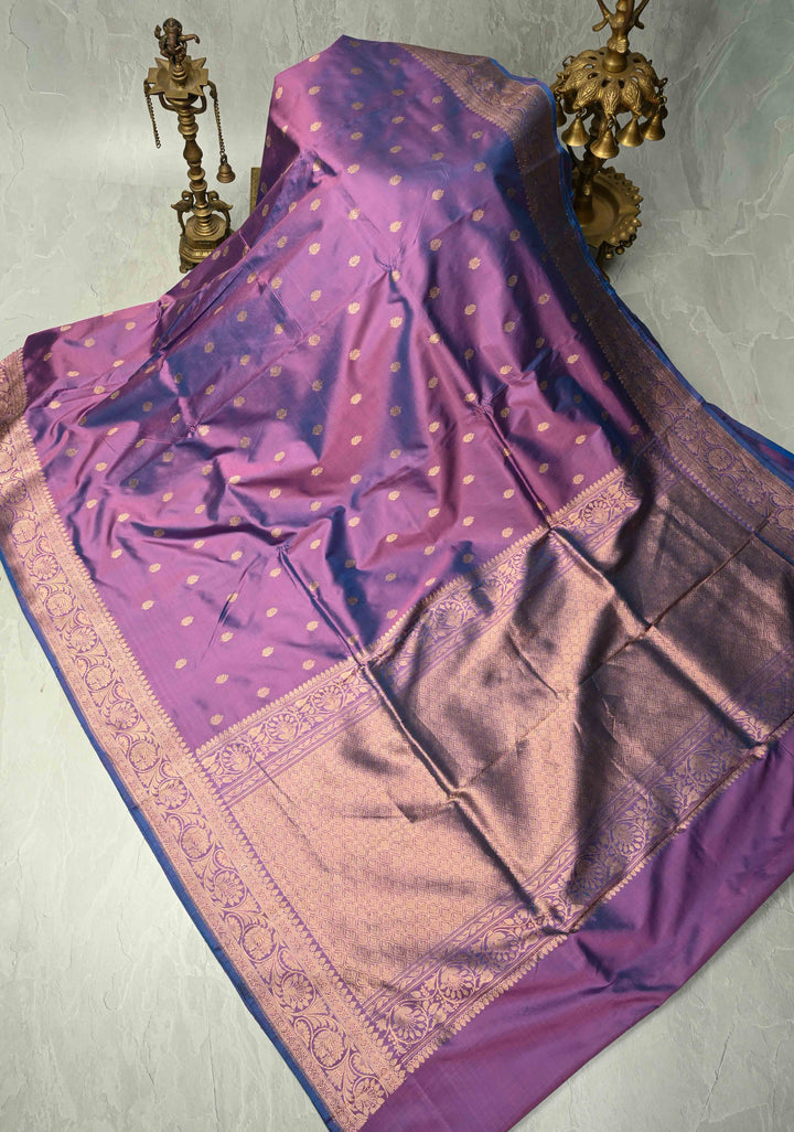 Dusky Purple Dual Tone Banarasi Katan Silk Saree with Floral Zari Buttas and Zari Border | SILK MARK CERTIFIED