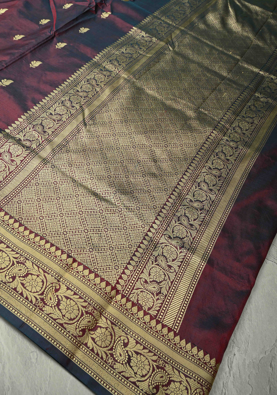 Burgundy Dual tone Lightweight Banarasi Katan Silk Saree with Resham Buttas and Border | SILK MARK CERTIFIED | SHOBITAM