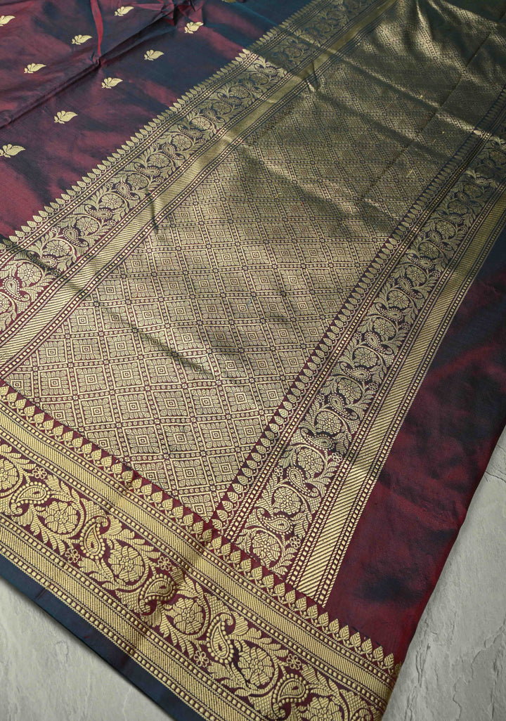 Burgundy Dual tone Lightweight Banarasi Katan Silk Saree with Resham Buttas and Border | SILK MARK CERTIFIED | SHOBITAM