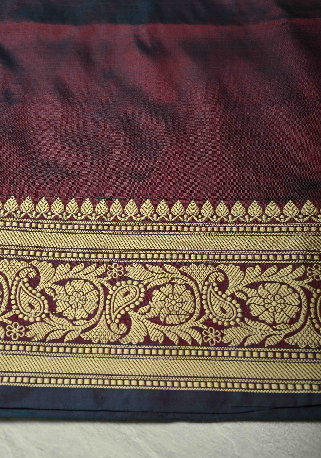 Burgundy Dual tone Lightweight Banarasi Katan Silk Saree with Resham Buttas and Border | SILK MARK CERTIFIED | SHOBITAM