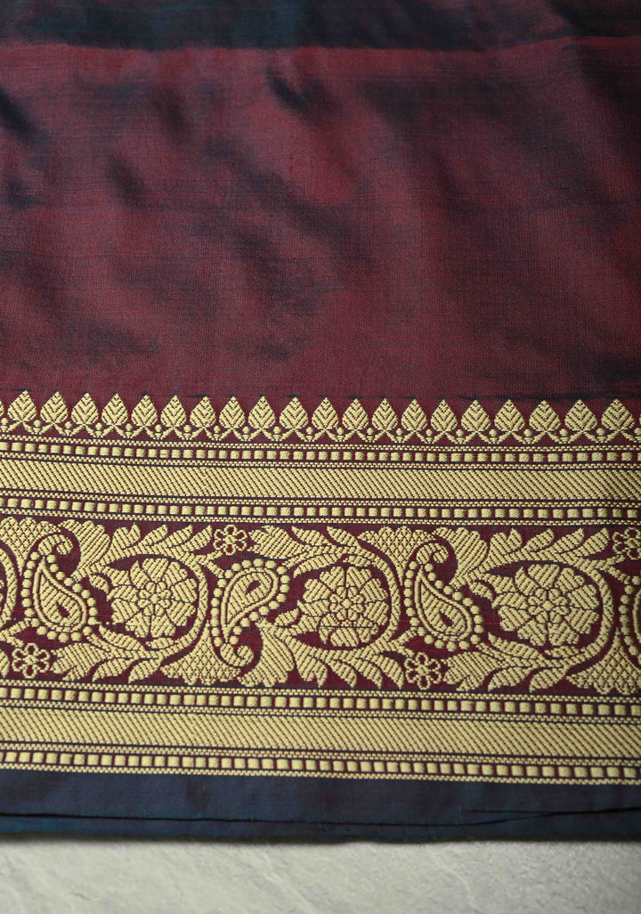 Burgundy Dual tone Lightweight Banarasi Katan Silk Saree with Resham Buttas and Border | SILK MARK CERTIFIED | SHOBITAM