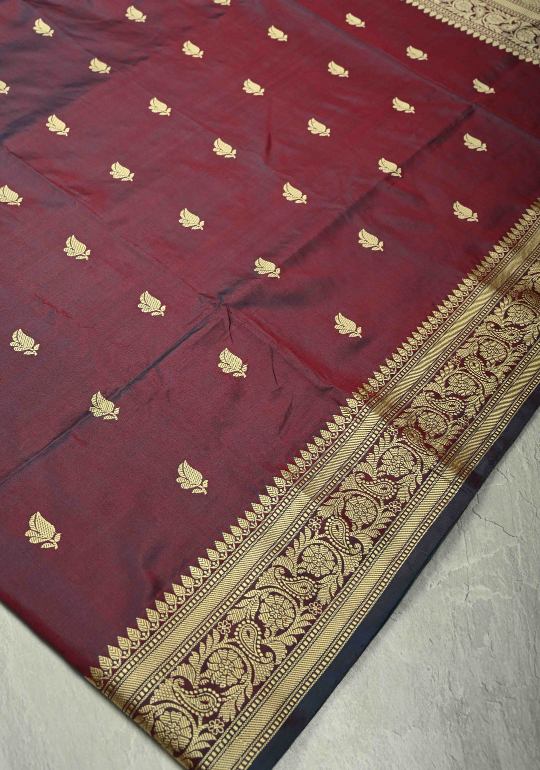 Burgundy Dual tone Lightweight Banarasi Katan Silk Saree with Resham Buttas and Border | SILK MARK CERTIFIED | SHOBITAM
