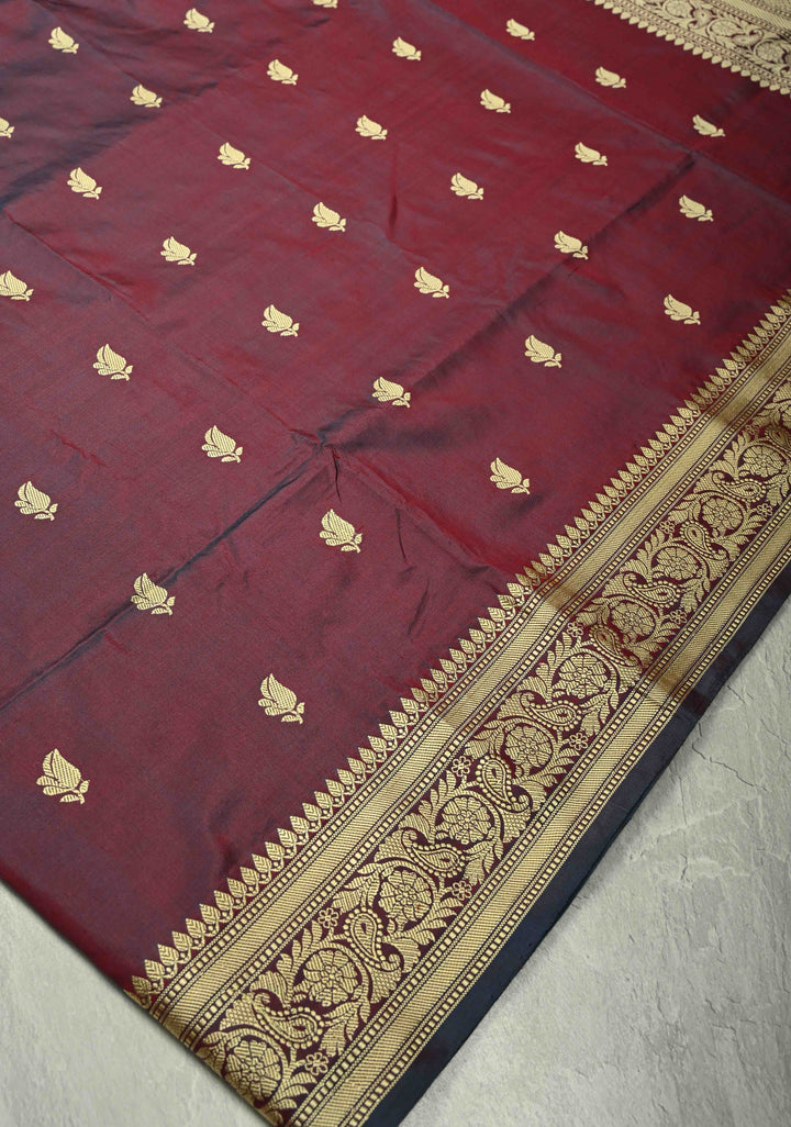 Burgundy Dual tone Lightweight Banarasi Katan Silk Saree with Resham Buttas and Border | SILK MARK CERTIFIED | SHOBITAM