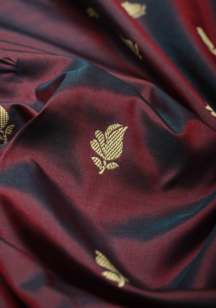 Burgundy Dual tone Lightweight Banarasi Katan Silk Saree with Resham Buttas and Border | SILK MARK CERTIFIED