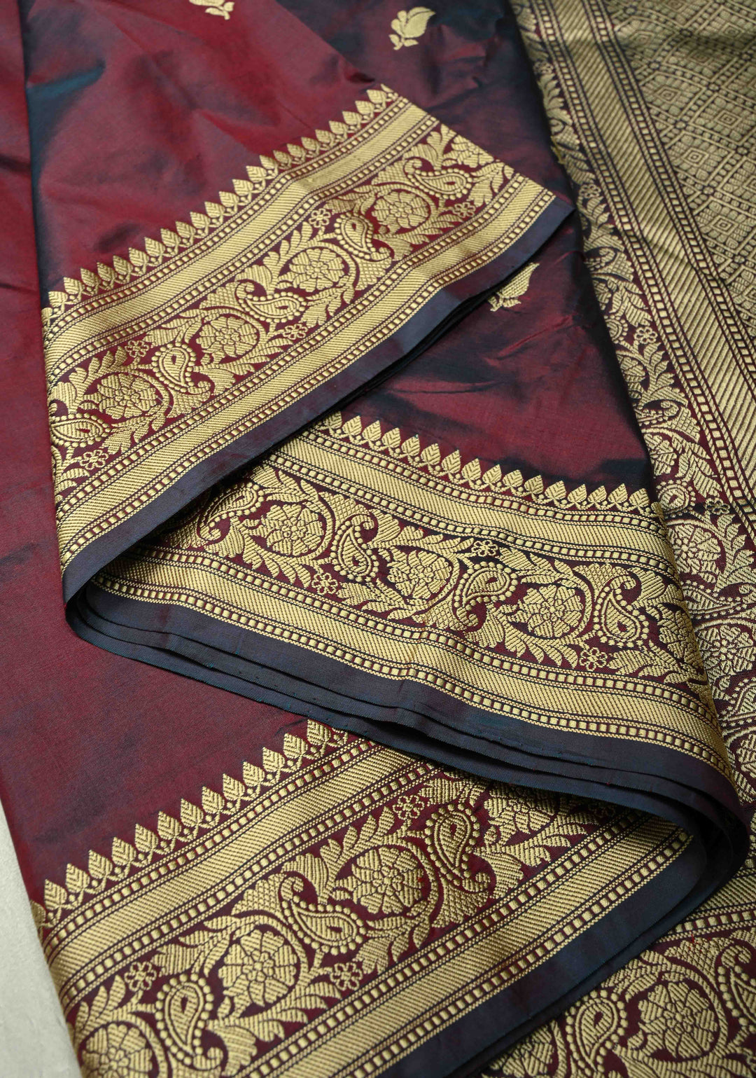 Burgundy Dual tone Lightweight Banarasi Katan Silk Saree with Resham Buttas and Border | SILK MARK CERTIFIED | SHOBITAM