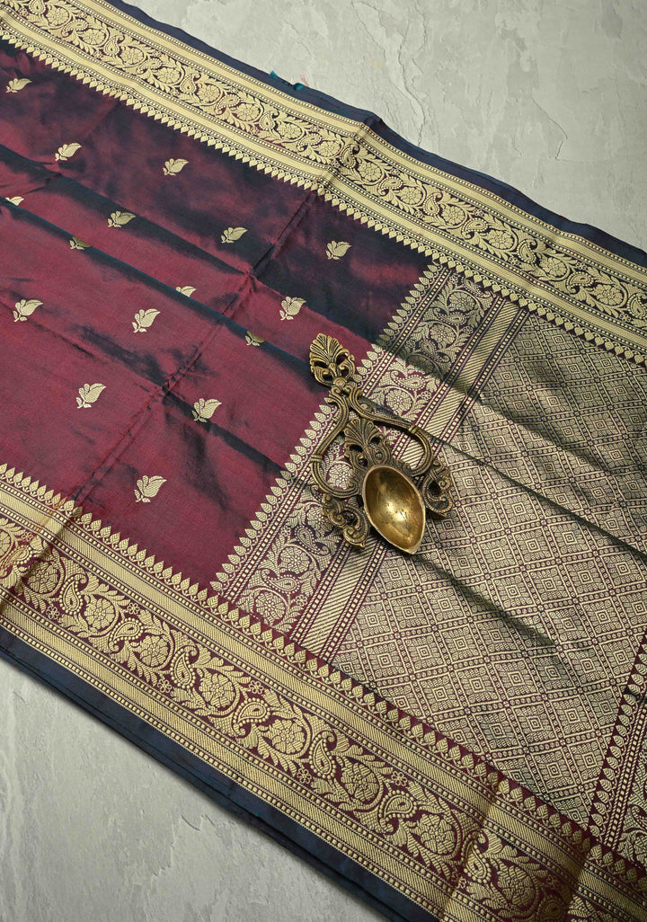 Burgundy Dual tone Lightweight Banarasi Katan Silk Saree with Resham Buttas and Border | SILK MARK CERTIFIED