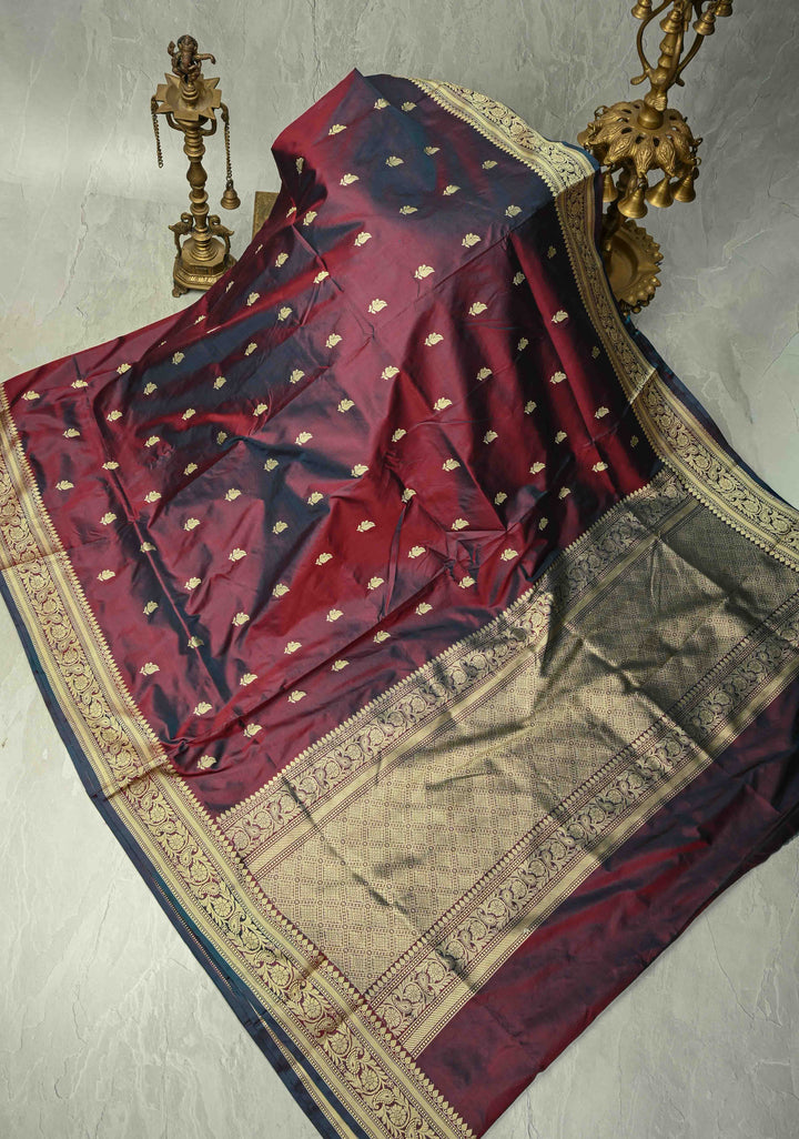 Burgundy Dual tone Lightweight Banarasi Katan Silk Saree with Resham Buttas and Border | SILK MARK CERTIFIED | SHOBITAM
