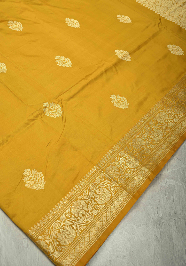 Mustard Yellow Lightweight Banarasi Katan Silk Saree with Resham Buttas and Border | SILK MARK CERTIFIED