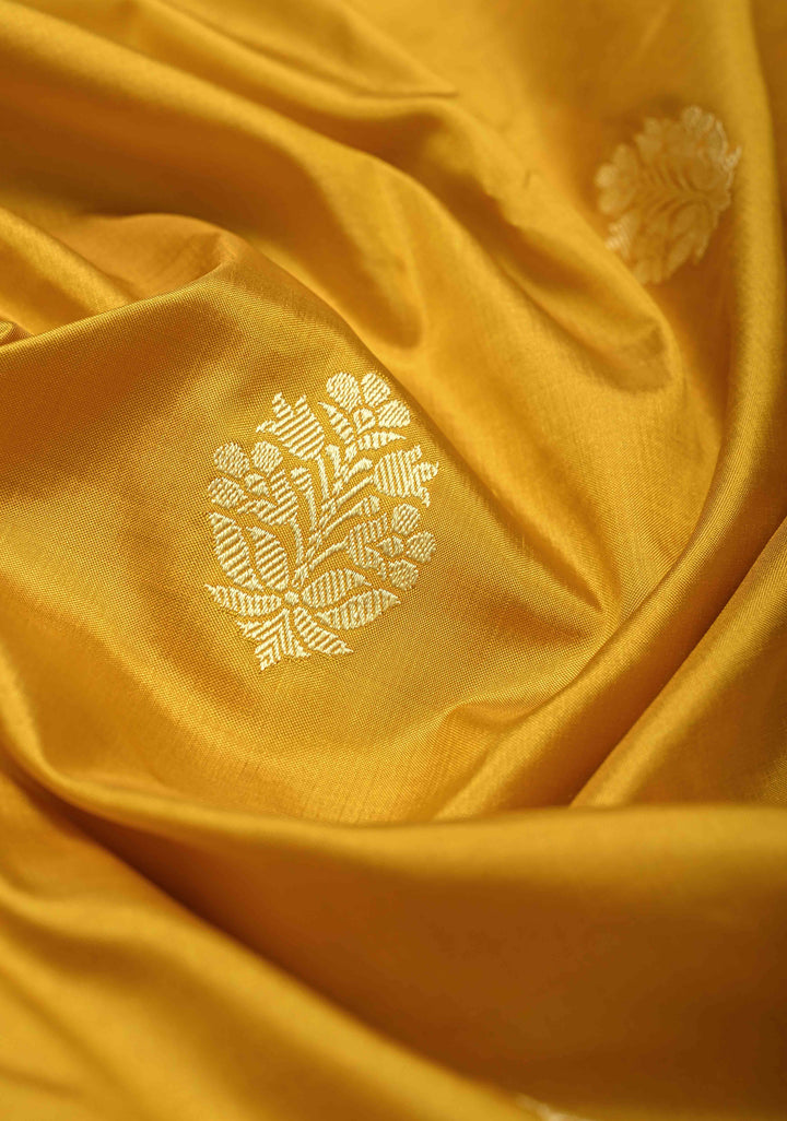 Mustard Yellow Lightweight Banarasi Katan Silk Saree with Resham Buttas and Border | SILK MARK CERTIFIED