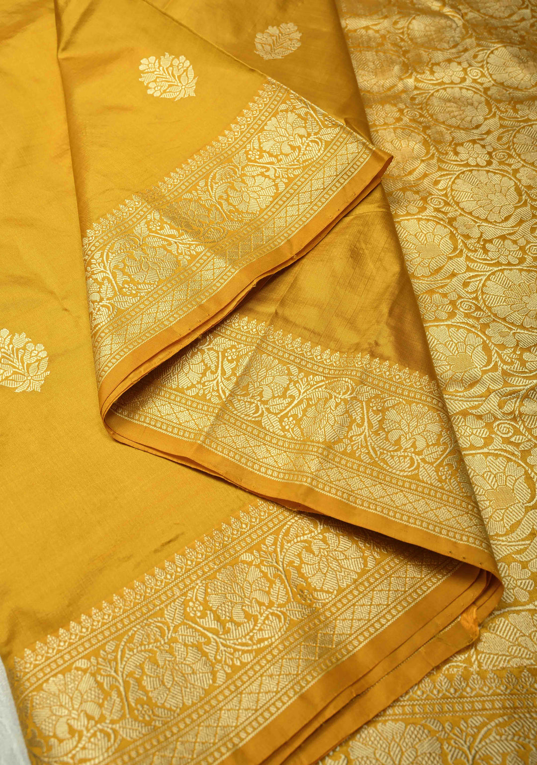 Mustard Yellow Lightweight Banarasi Katan Silk Saree with Resham Buttas and Border | SILK MARK CERTIFIED