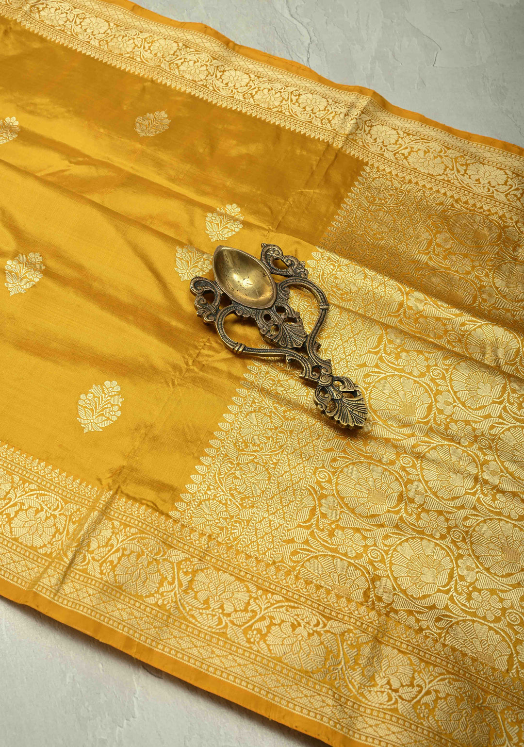 Mustard Yellow Lightweight Banarasi Katan Silk Saree with Resham Buttas and Border | SILK MARK CERTIFIED