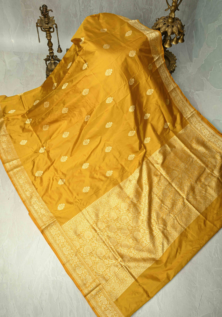 Mustard Yellow Lightweight Banarasi Katan Silk Saree with Resham Buttas and Border | SILK MARK CERTIFIED