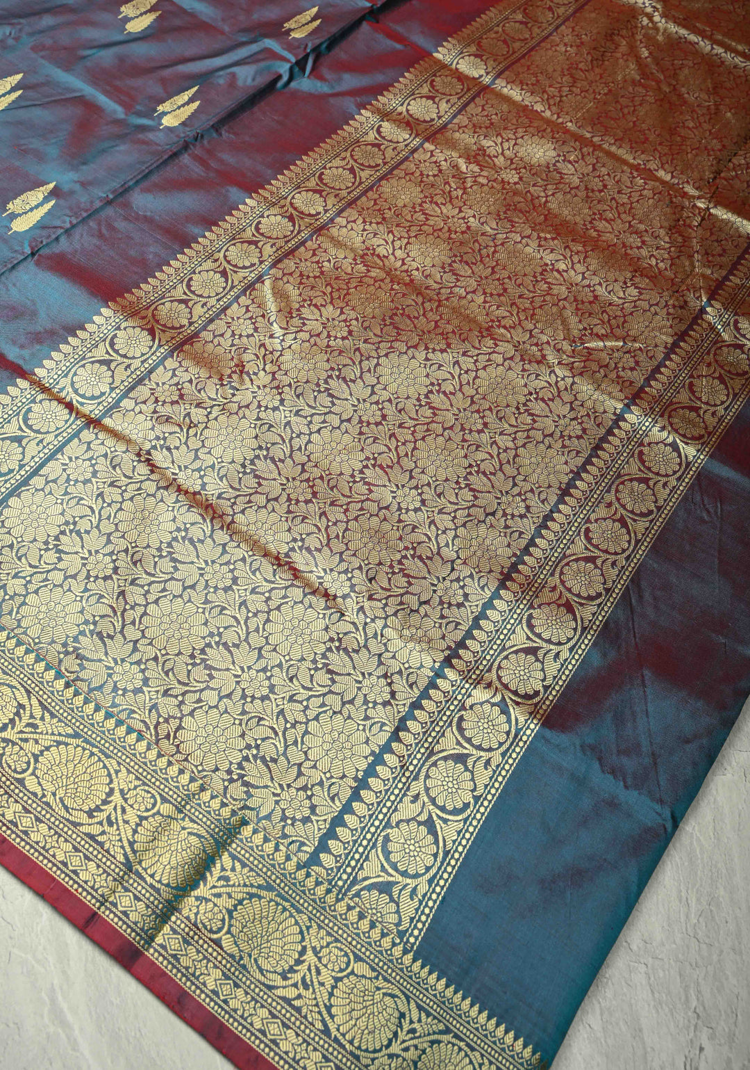 Peacock Blue Dual tone Lightweight Banarasi Katan Silk Saree with Resham Buttas and Border | SILK MARK CERTIFIED