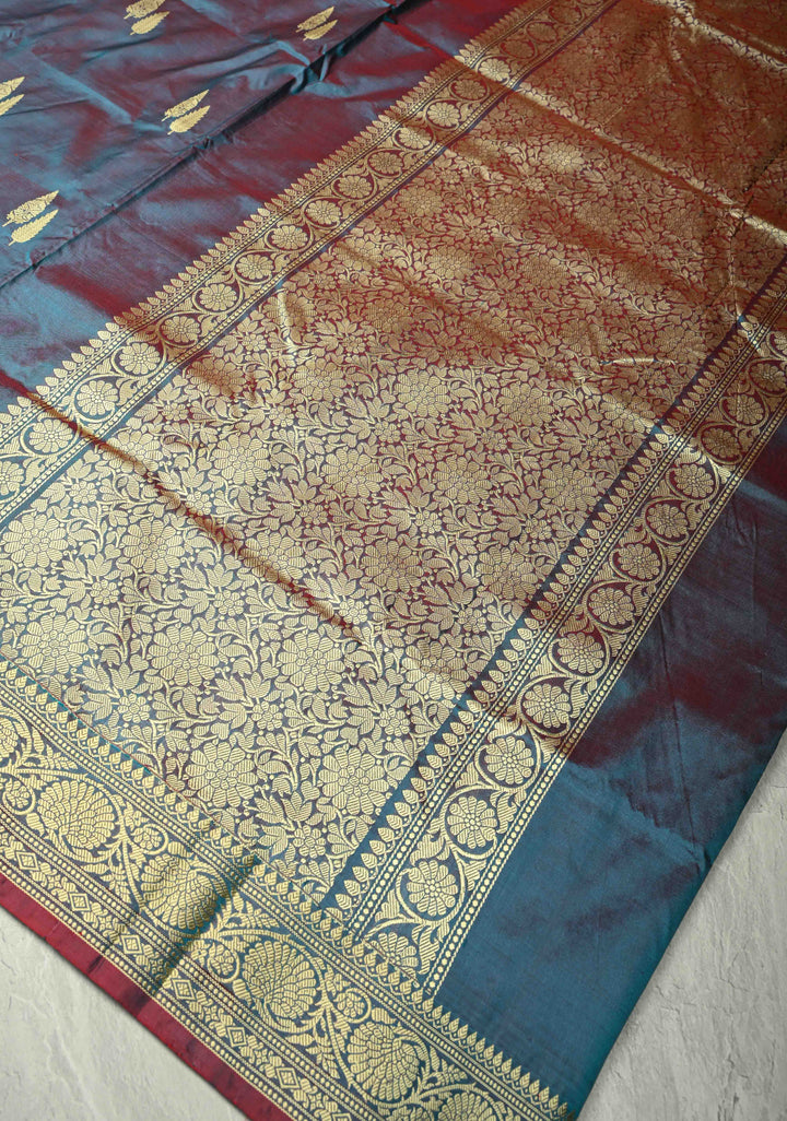 Peacock Blue Dual tone Lightweight Banarasi Katan Silk Saree with Resham Buttas and Border | SILK MARK CERTIFIED