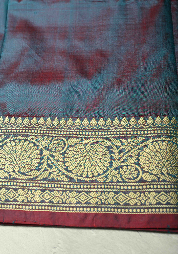 Peacock Blue Dual tone Lightweight Banarasi Katan Silk Saree with Resham Buttas and Border | SILK MARK CERTIFIED