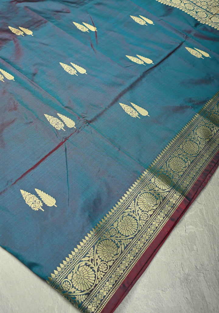 Peacock Blue Dual tone Lightweight Banarasi Katan Silk Saree with Resham Buttas and Border | SILK MARK CERTIFIED