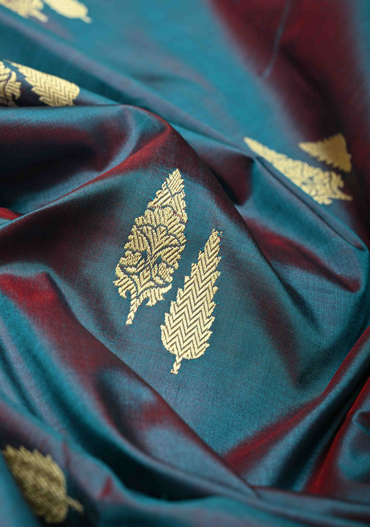 Peacock Blue Dual tone Lightweight Banarasi Katan Silk Saree with Resham Buttas and Border | SILK MARK CERTIFIED