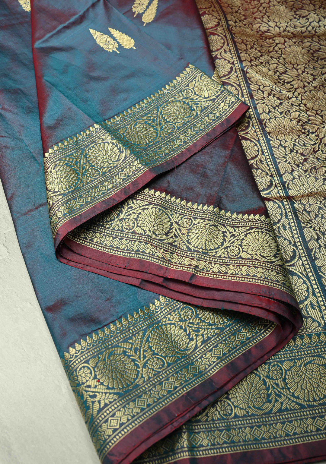 Peacock Blue Dual tone Lightweight Banarasi Katan Silk Saree with Resham Buttas and Border | SILK MARK CERTIFIED