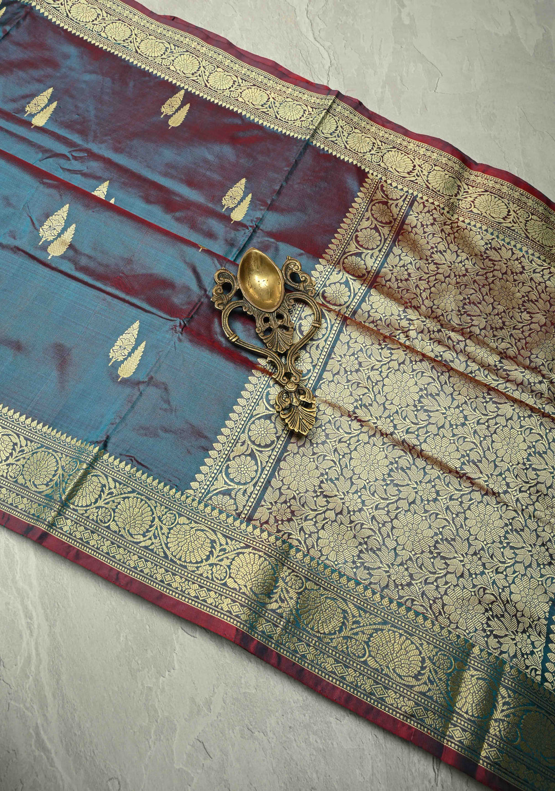 Peacock Blue Dual tone Lightweight Banarasi Katan Silk Saree with Resham Buttas and Border | SILK MARK CERTIFIED