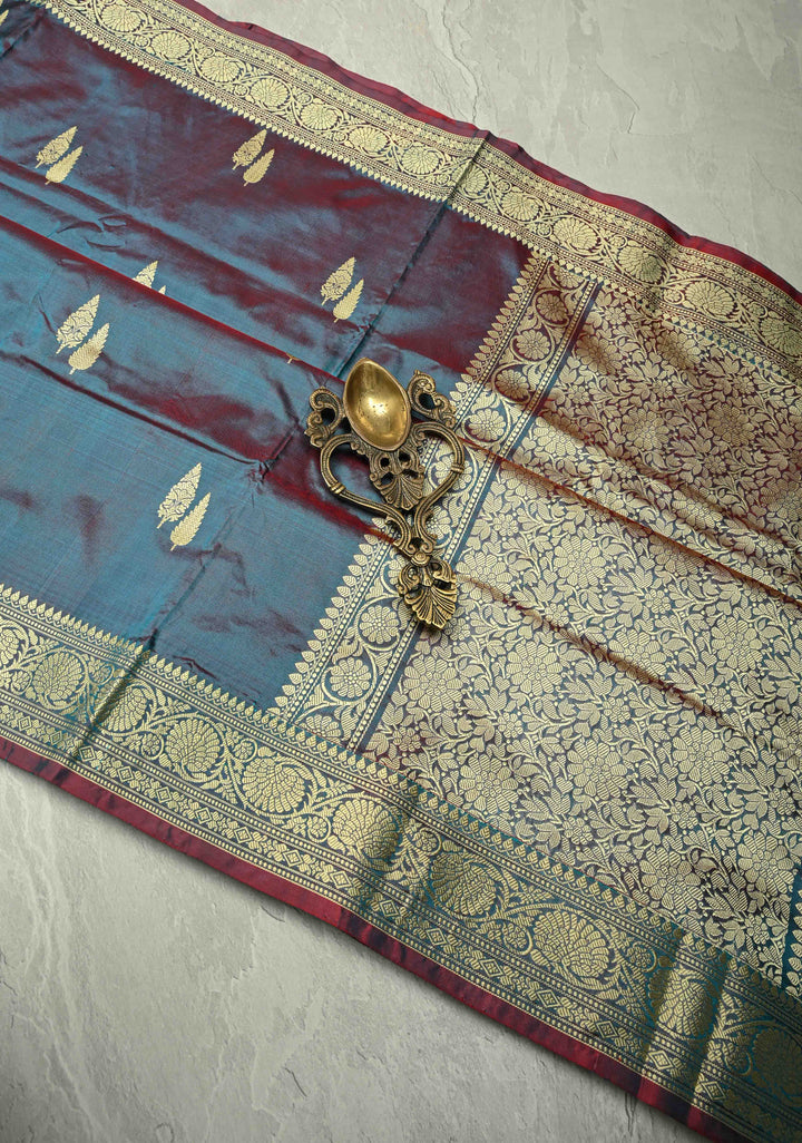 Peacock Blue Dual tone Lightweight Banarasi Katan Silk Saree with Resham Buttas and Border | SILK MARK CERTIFIED